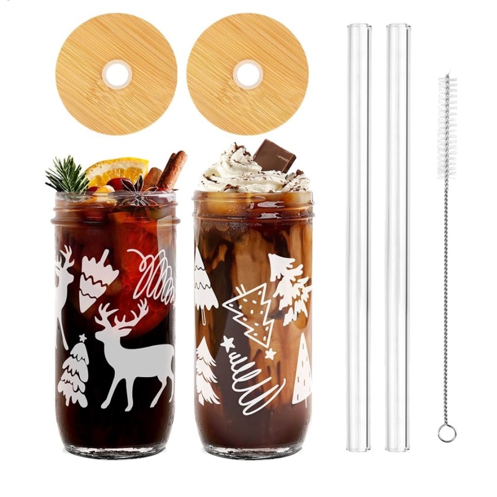 ✨BNWT - Holiday Christmas Mason Jar Glass Cups with Lid & Straw Tumbler - 24 oz✨